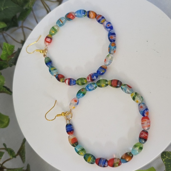 Millefiori Art Glass Oval Bead Hoop Earrings - Picture 1 of 9